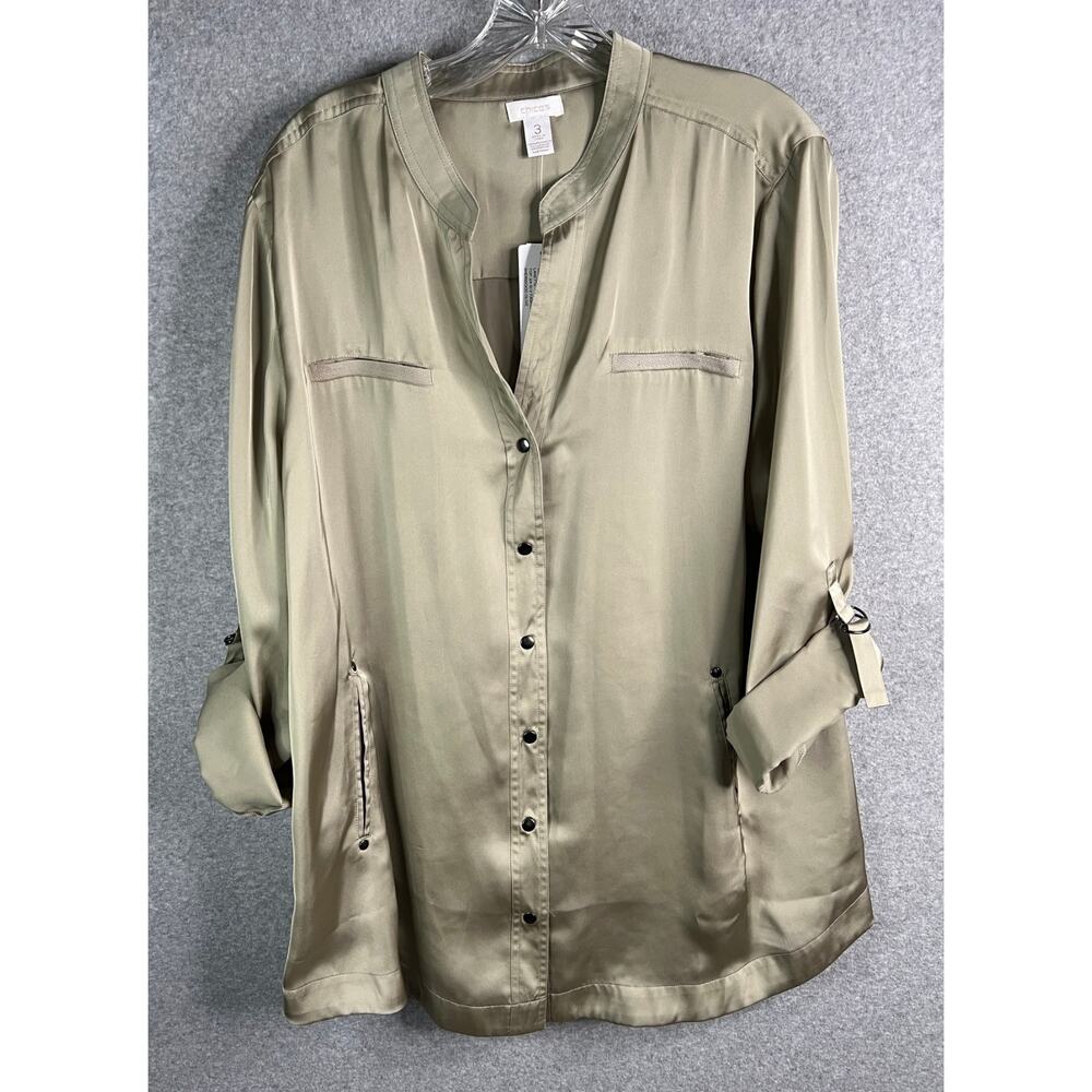 Chico’s Lanette Sleek Shine Mandarin Collar Top Size 3 ~ Womens XL Olive NWT